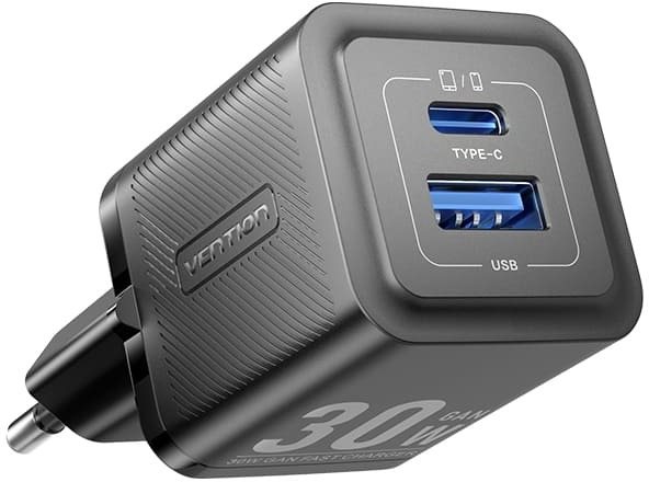Vention 2-Port USB (C + A) GaN Charger (30 W/30 W) EU-Plug Black...