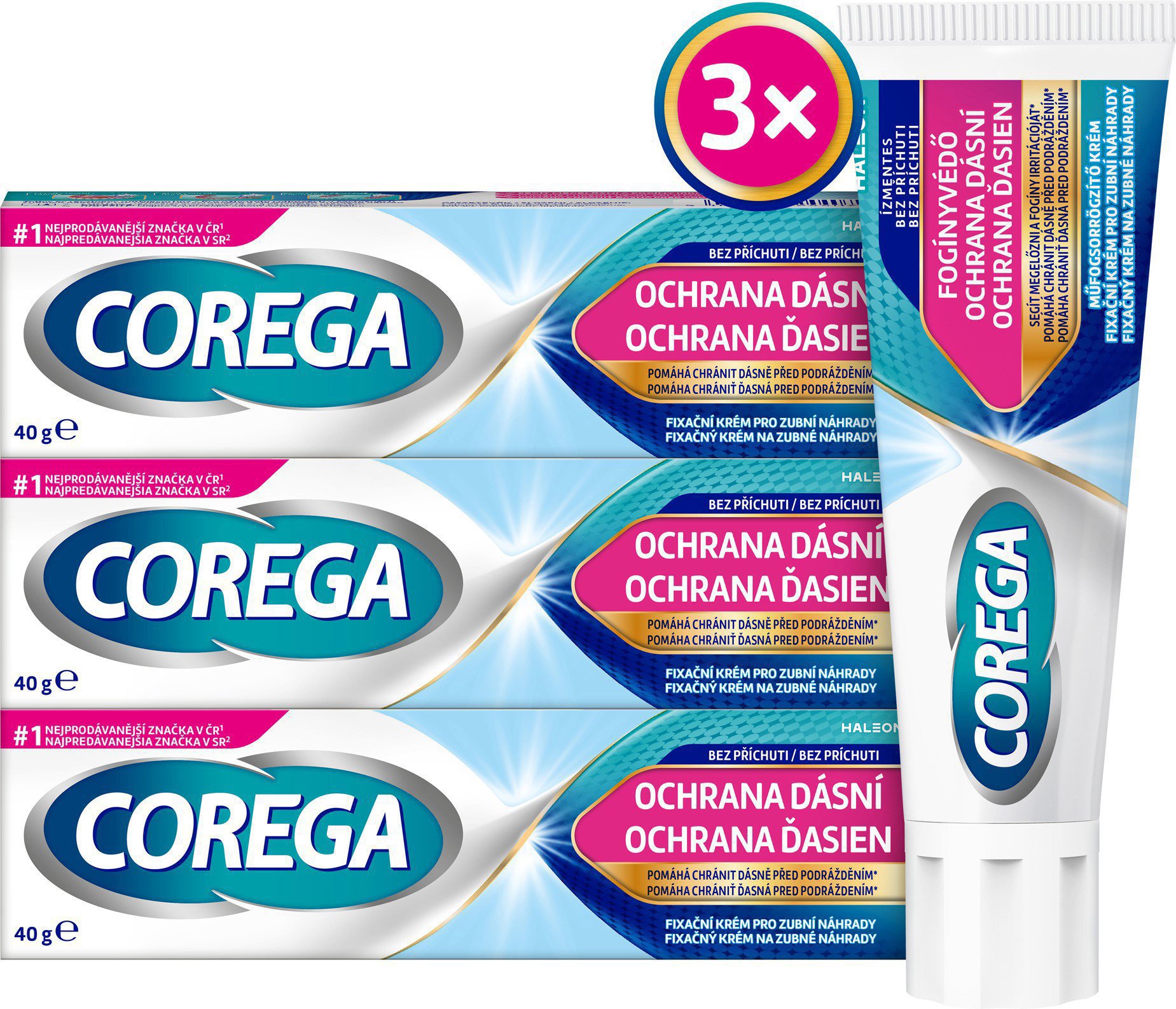 COREGA OM Na zubnú náhradu Ochrana ďasien 3× 40 g Lepidlo na zuby