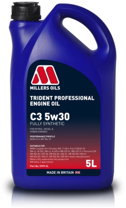 Millers Oils Plně syntetický motorový olej Trident Professional C3 5W-30 5l vhodný pro moderní benzí
