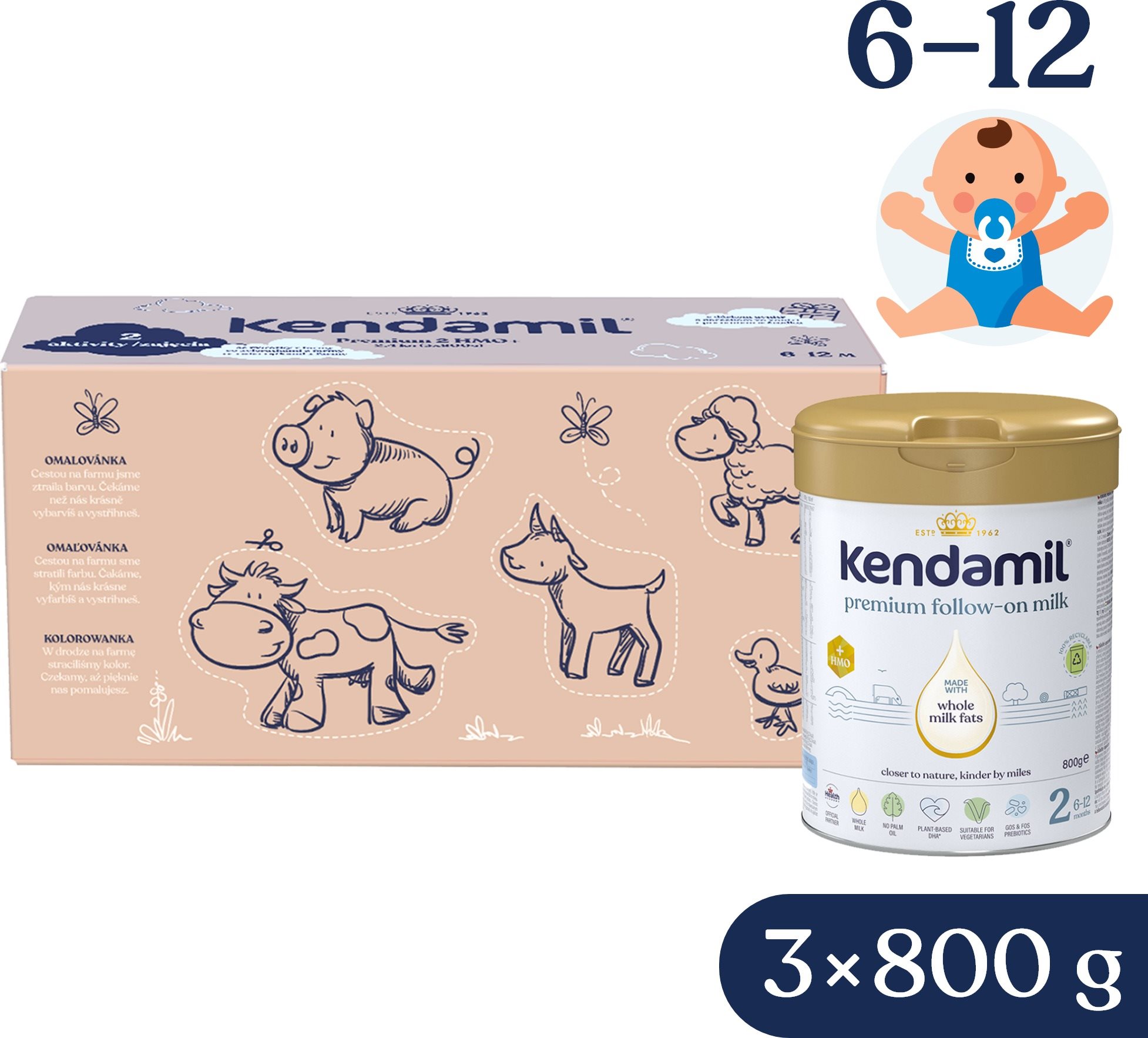 Kendamil Premium 2 HMO+, 2,4 kg (3× 800 g), kreativní balení s dárkem