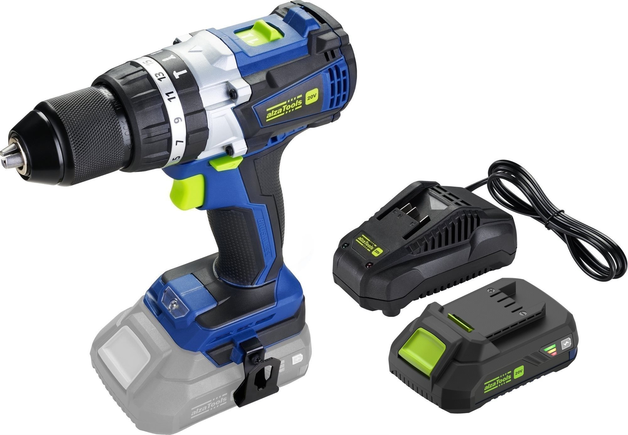 ALZATOOLS PRO Vrtačka AKU s příklepem CBHD20V Brushless BatteryONE 20V + 3,5A nabíječka + 2Ah bateri