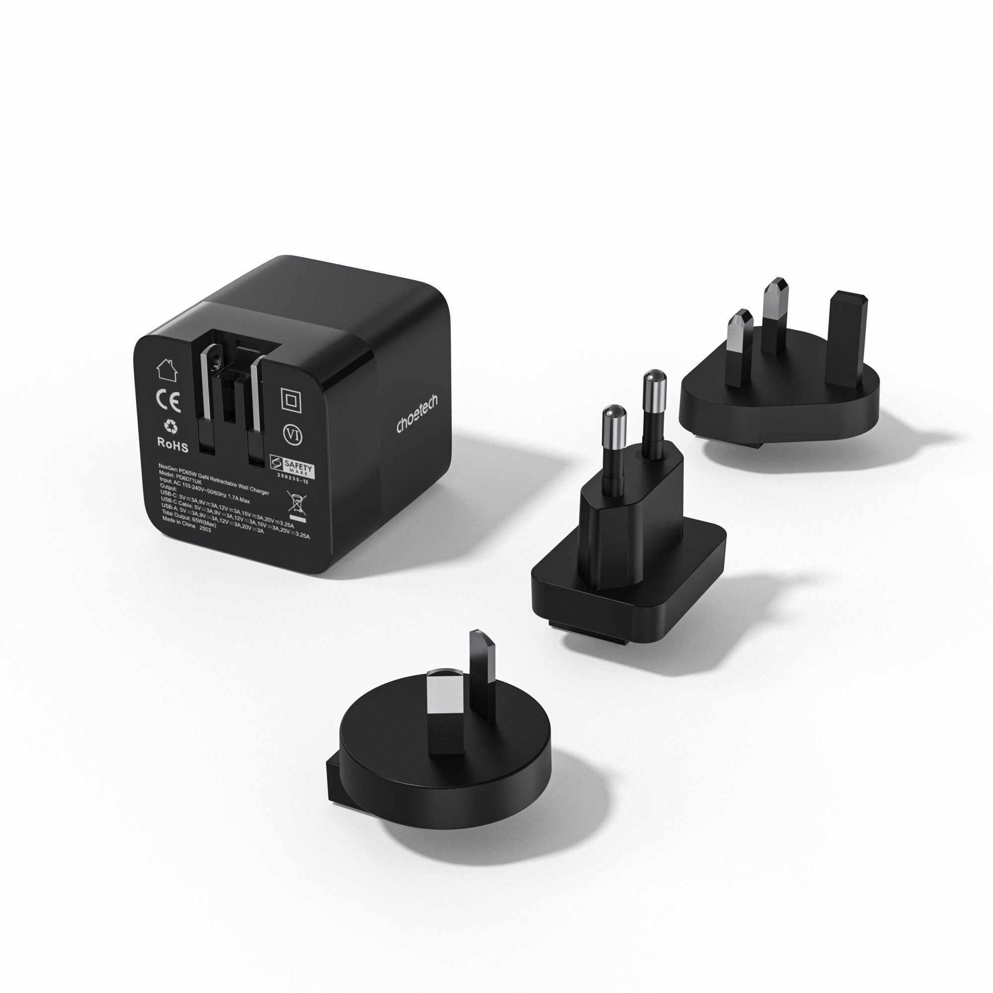 Choetech Digital PD65W GaN Multiple Plugs Charger with Retractable Type-C Cable