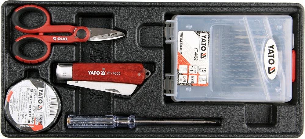 YATO Vložka do zásuvky - izol. páska, zkoušečka, nůžky, montážní nůž, sada vrtáků 1-10mm
