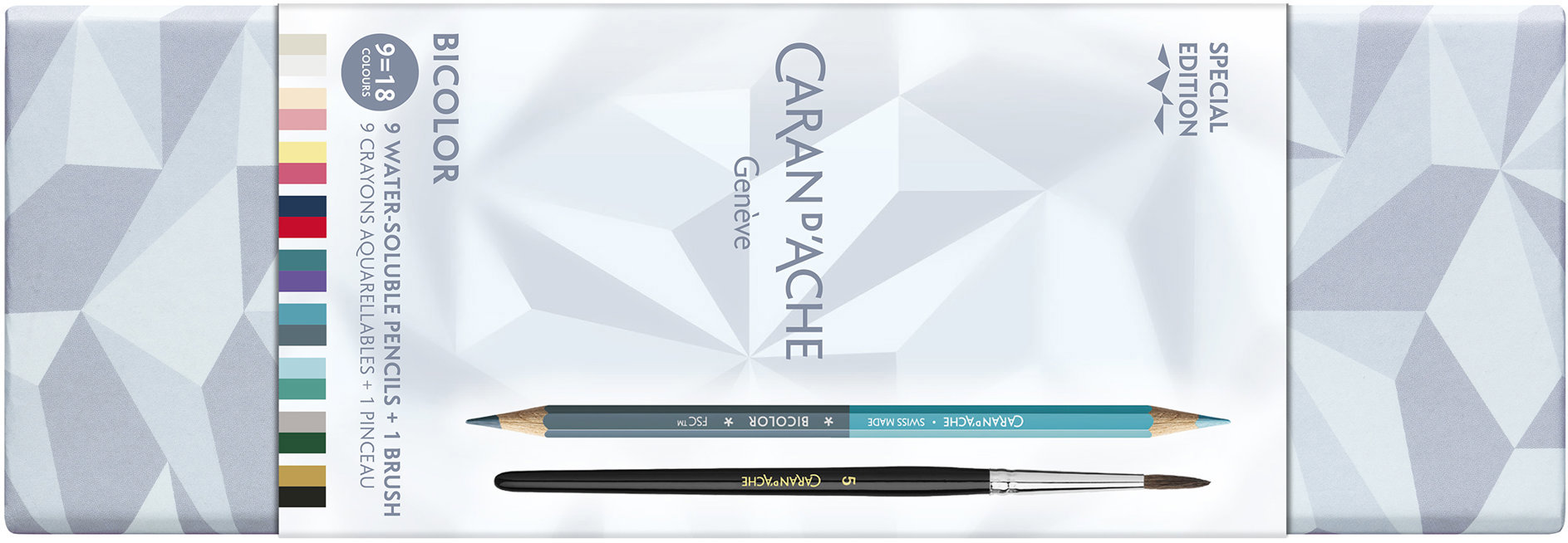 CARAN D'ACHE akvarelové oboustranné, se štětcem, 9 ks / 18 barev