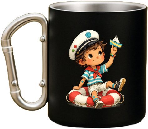 Coolkousky Plechový hrnek černý s karabinou - Ahoj!