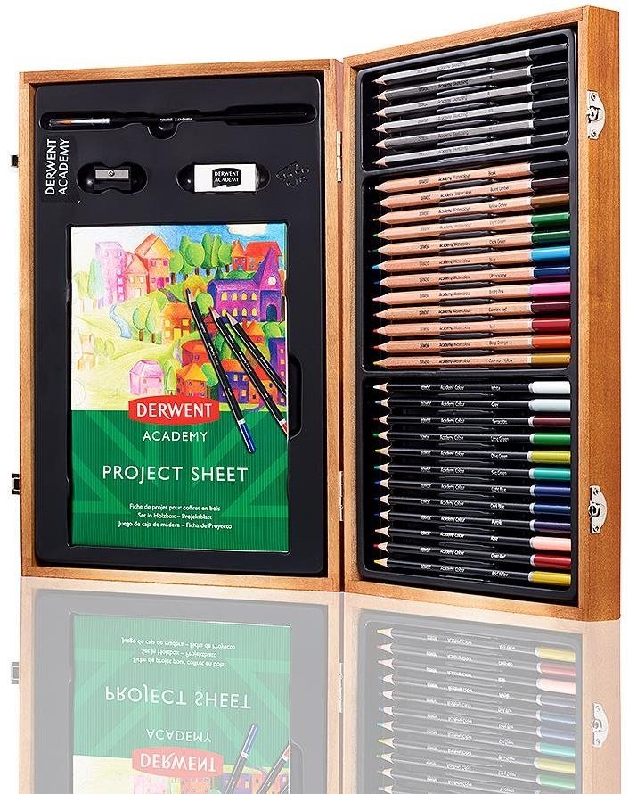 DERWENT Academy Wooden Gift Box, dřevěný dárkový kufřík, výtvarná sada pastelek a tužek, 30 ks