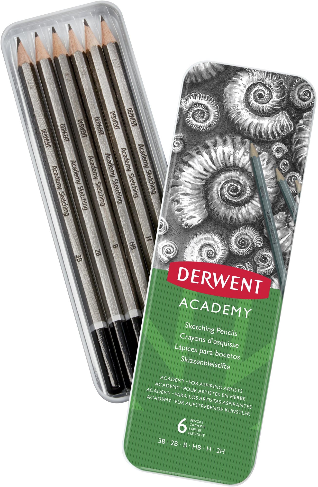 DERWENT Academy Sketching Pencils Tin v plechové krabičce, šestihranná - sada 6 tvrdostí