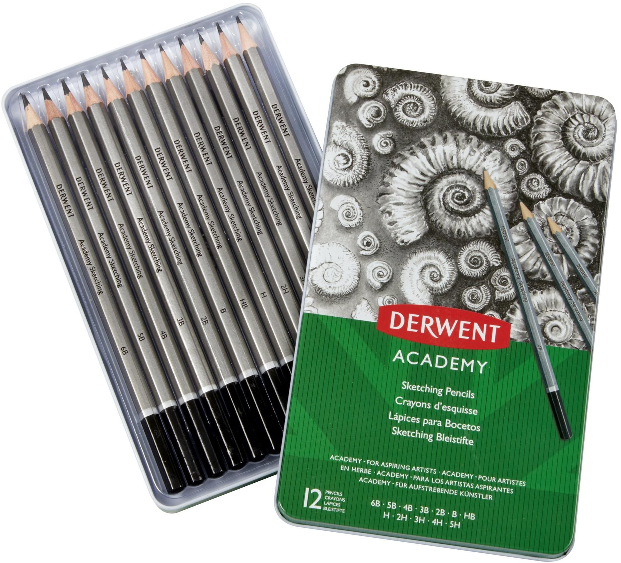 DERWENT Academy Sketching Pencils Tin v plechové krabičce, šestihranná - sada 12 tvrdostí