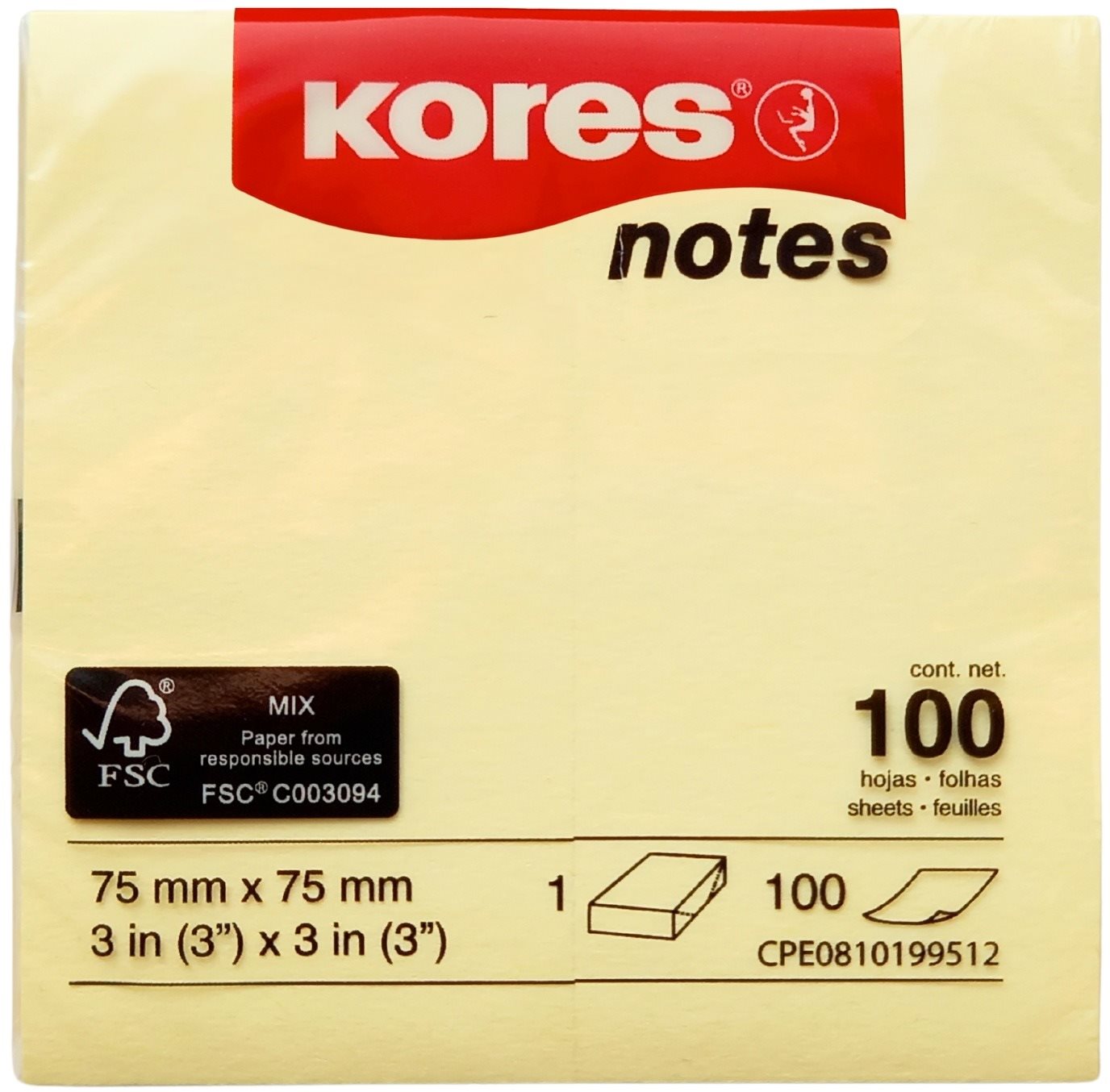 KORES 75 x 75 mm, 100 lístků, žlutý