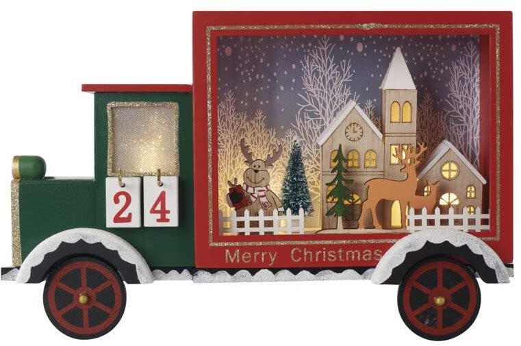 EMOS LED adventní kalendář, dřevěné auto, 20x30,5 cm, 2x AA, vnitřní, teplá bílá, časovač