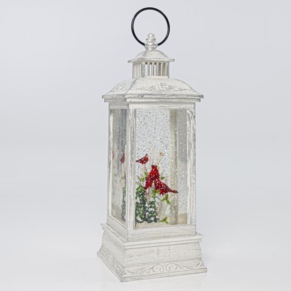 EUROLAMP Vánoční dekorace - plastová lucerna bílá s červeným ptáčkem uvnitř, 10,4 x 10,4 x 27,5 cm