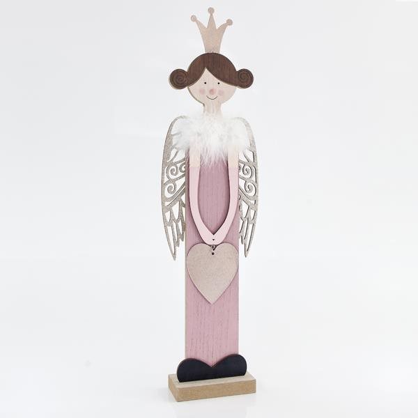 EUROLAMP Vánoční dekorace - dřevěná dekorativní víla, růžová se zlatými křídly, 60 cm