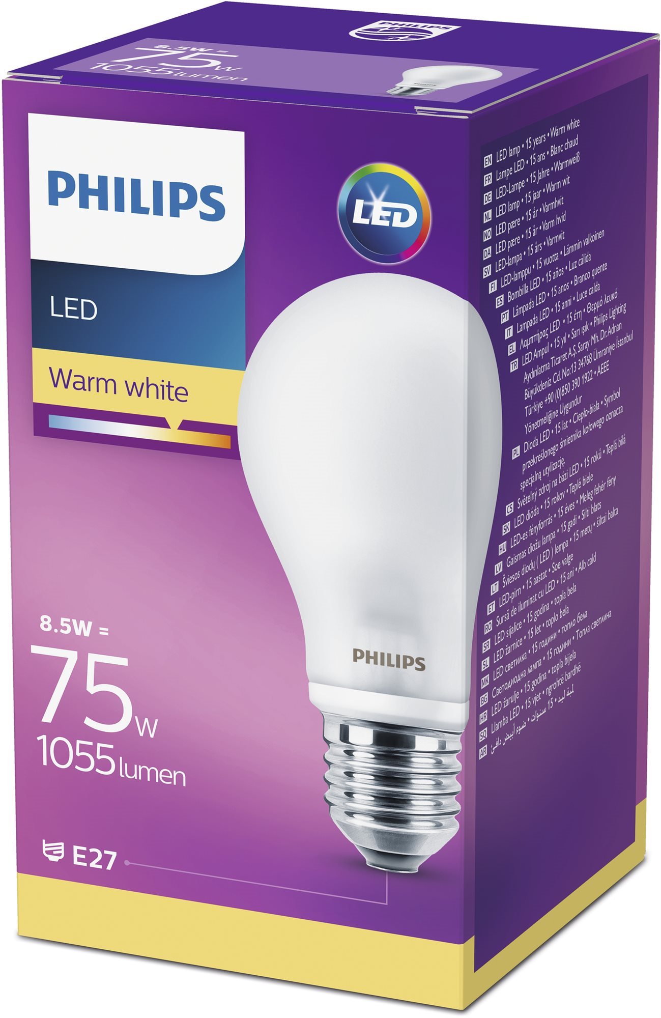 Philips LED Classic 8.5-75W, E27, Matná, 2700K