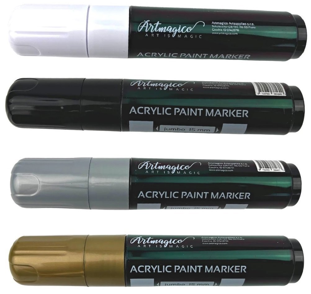 Artmagico akrylový popisovač Jumbo 15 mm, 4 ks, černý, bílý, zlatý, stříbrný