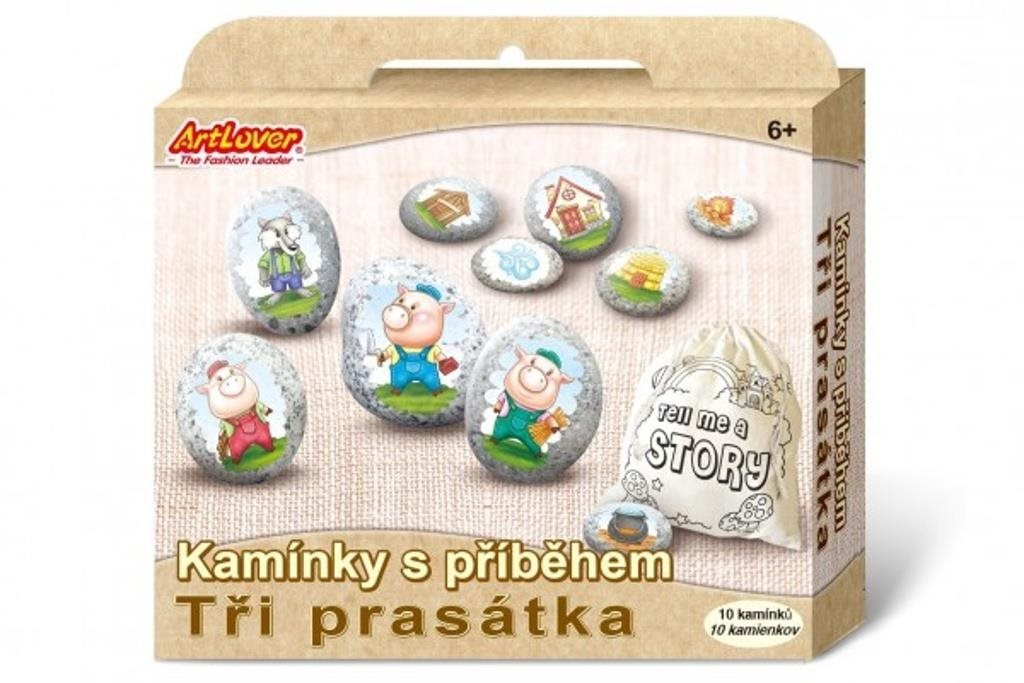 Malování na kameny s příběhem Tři prasátka: kreativní sada v krabičce 19x16x4cm