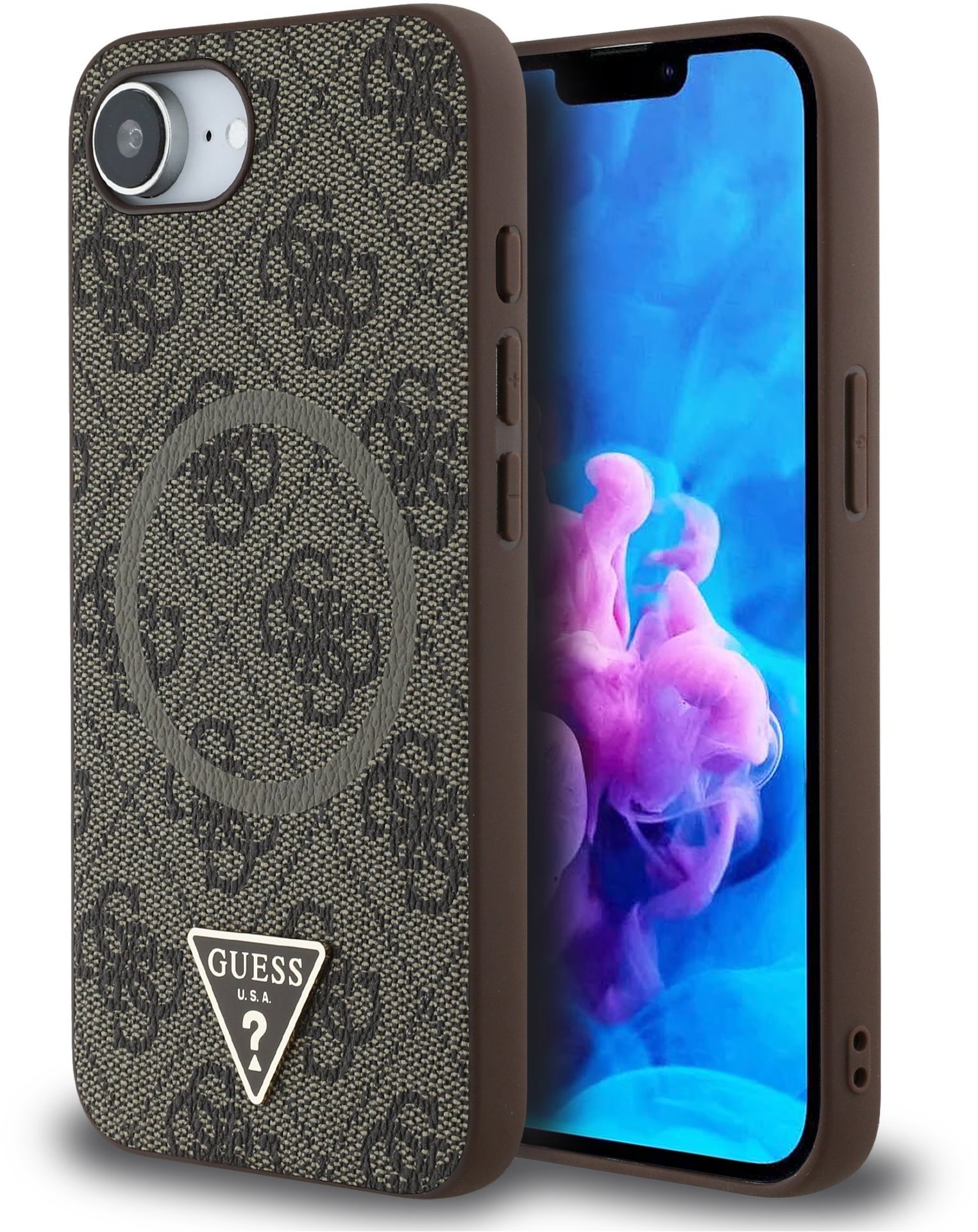 Guess PU 4G Strass Triangle Metal Logo Zadní Kryt pro iPhone 16e Brown