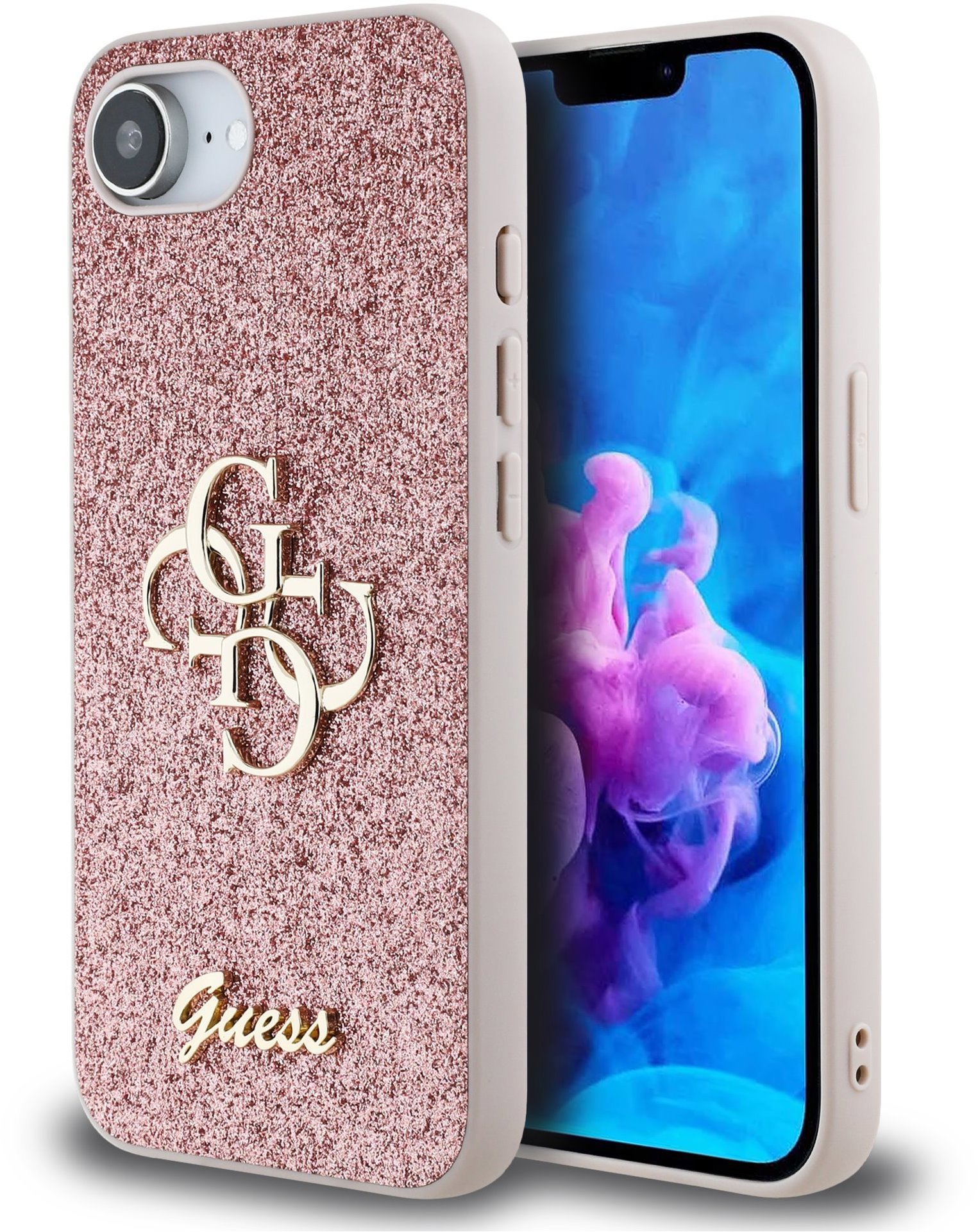Guess PU Fixed Glitter 4G Metal Logo Zadní Kryt pro iPhone 16e Pink