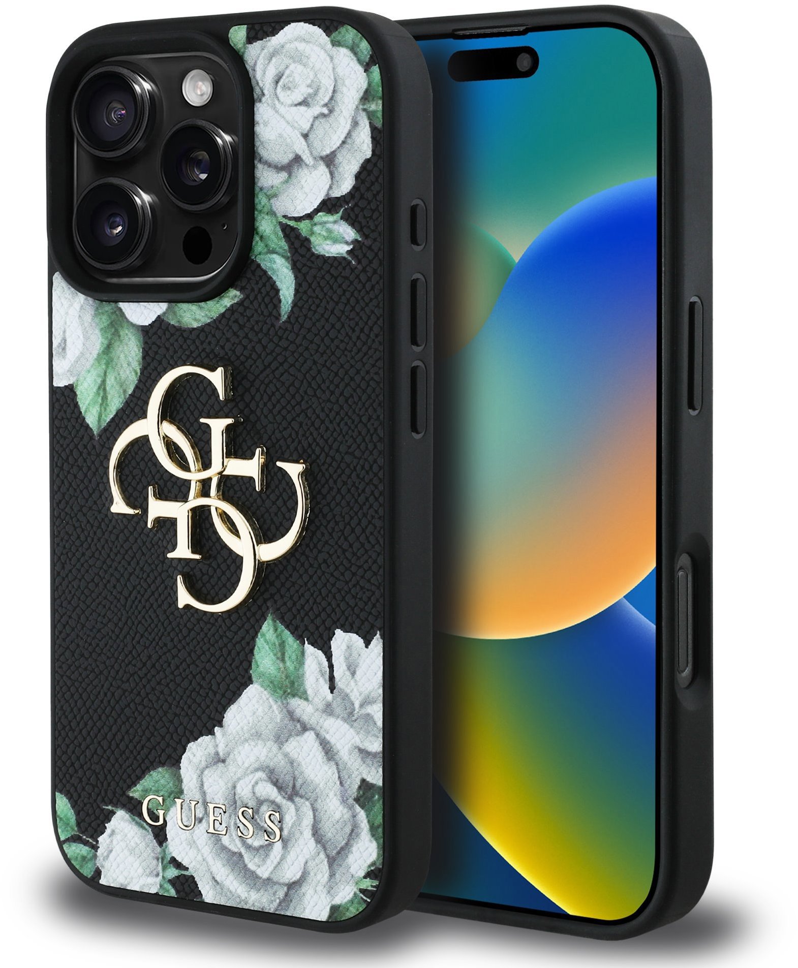 Guess PU Grained Roses 4G Metal Logo Zadní Kryt pro iPhone 16 Pro Black