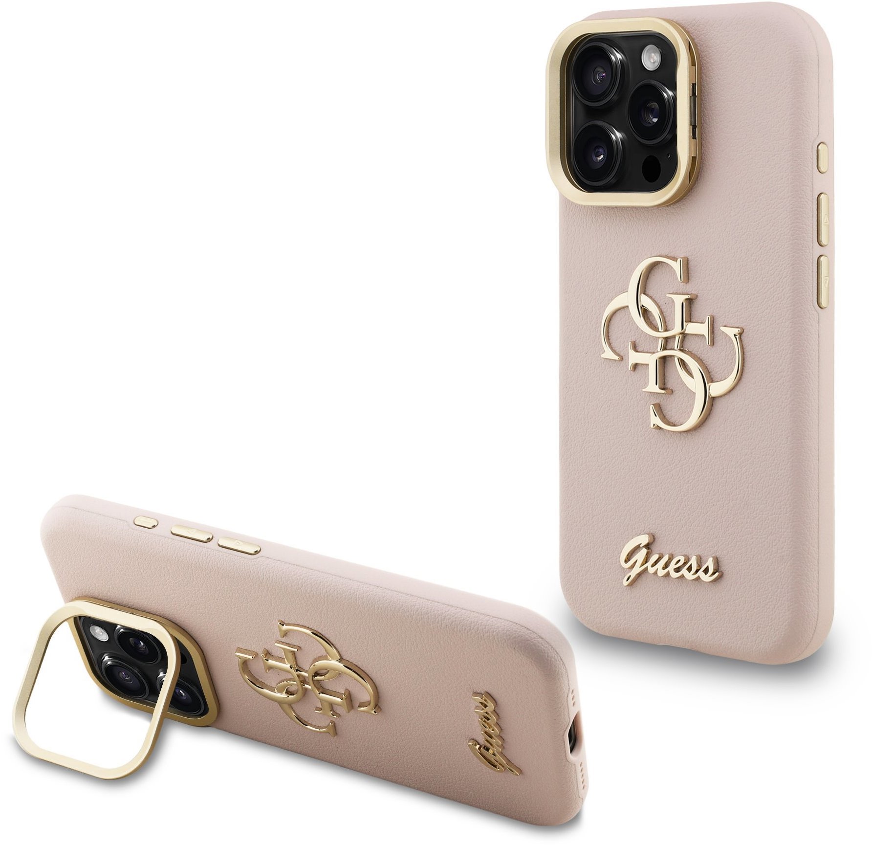 Guess PU Grained 4G Logo Stand Camera Frame Zadní Kryt pro iPhone 15 Pro Max Pink