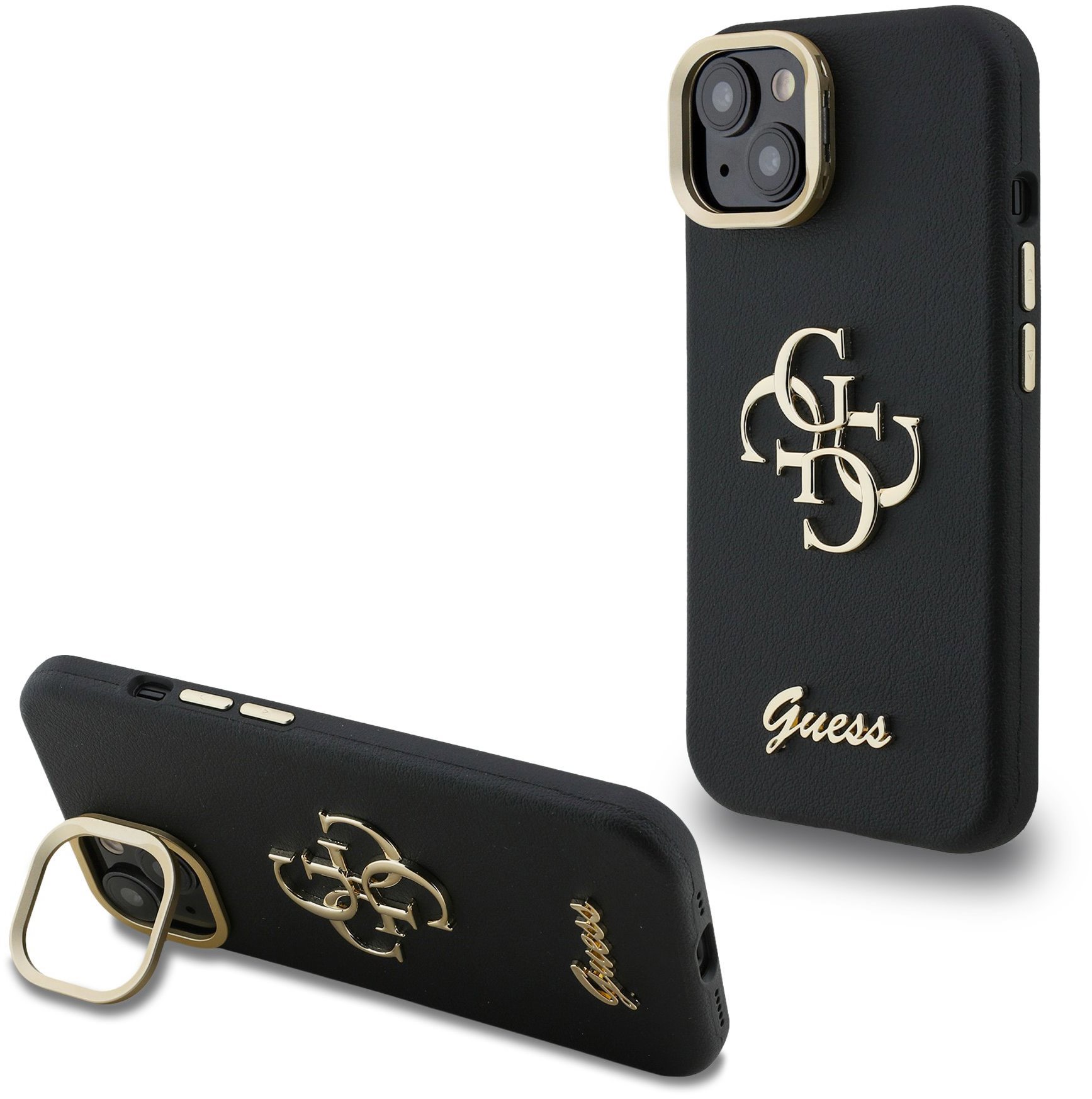 Guess PU Grained 4G Logo Stand Camera Frame Zadní Kryt pro iPhone 15 Black