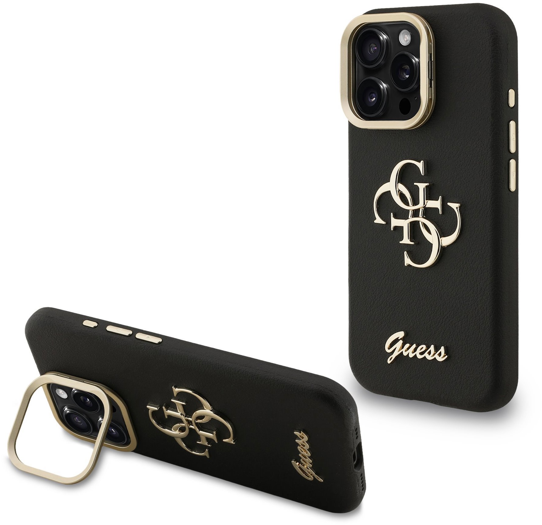 Guess PU Grained 4G Logo Stand Camera Frame Zadní Kryt pro iPhone 15 Pro Max Black
