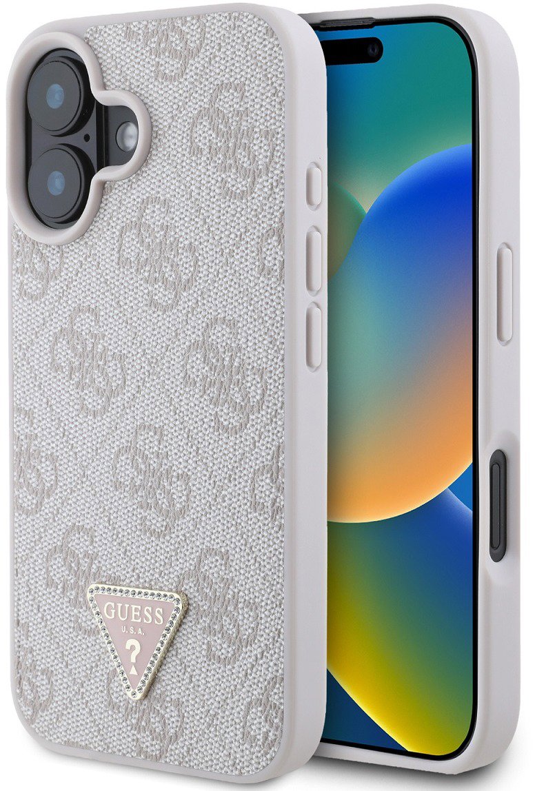 Guess PU 4G Strass Triangle Metal Logo Zadní Kryt pro iPhone 16e Pink