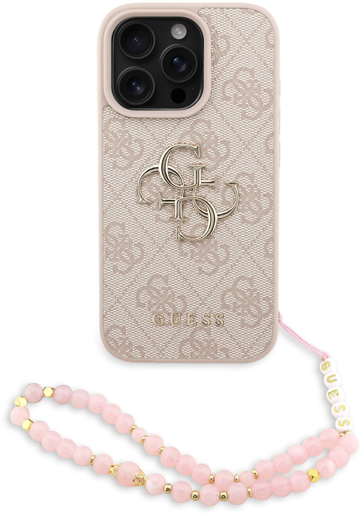 Guess PU 4G Metal Logo Strap Zadní Kryt pro iPhone 16 Pro Max Pink
