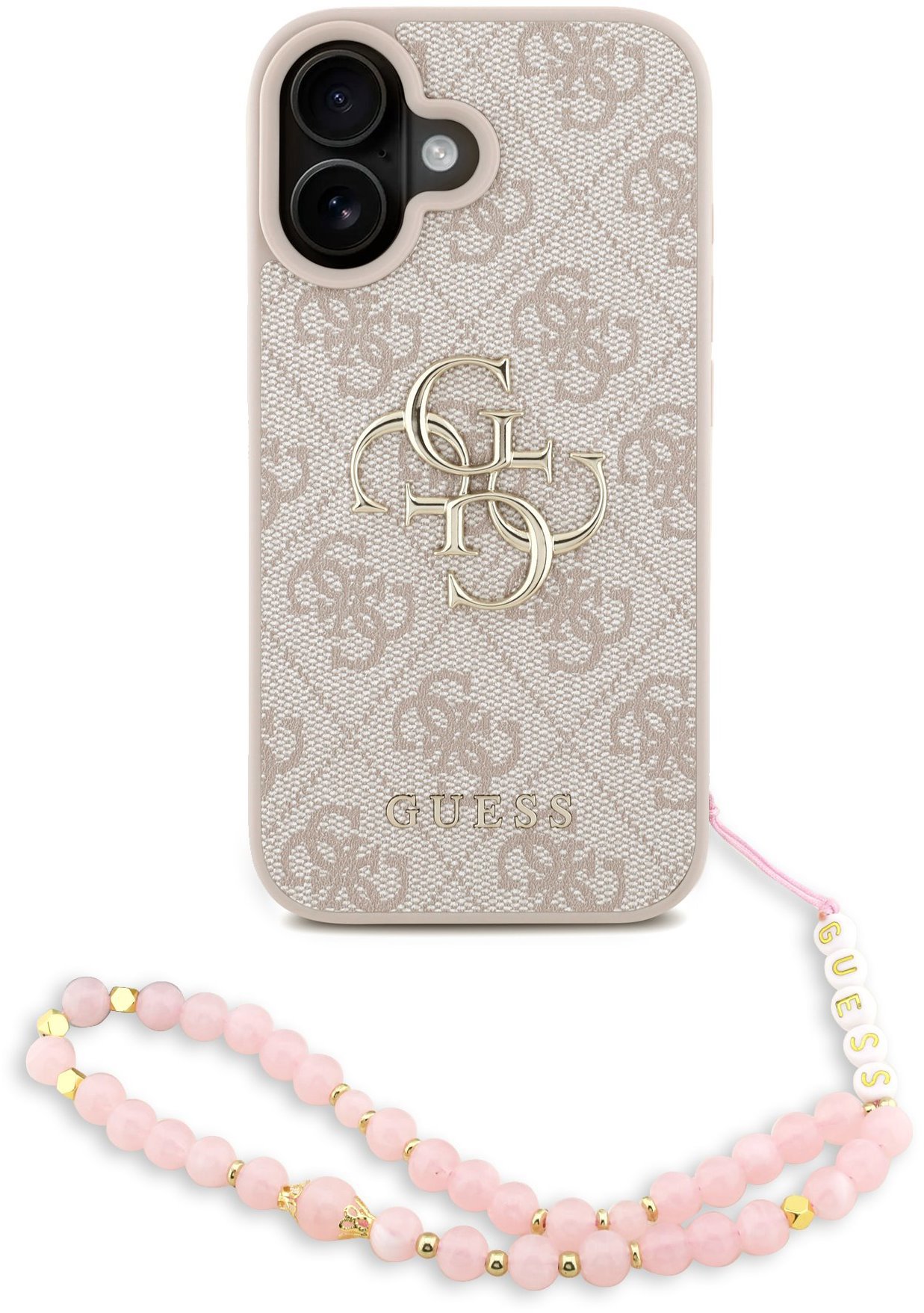 Guess PU 4G Metal Logo Strap Zadní Kryt pro iPhone 16 Pink