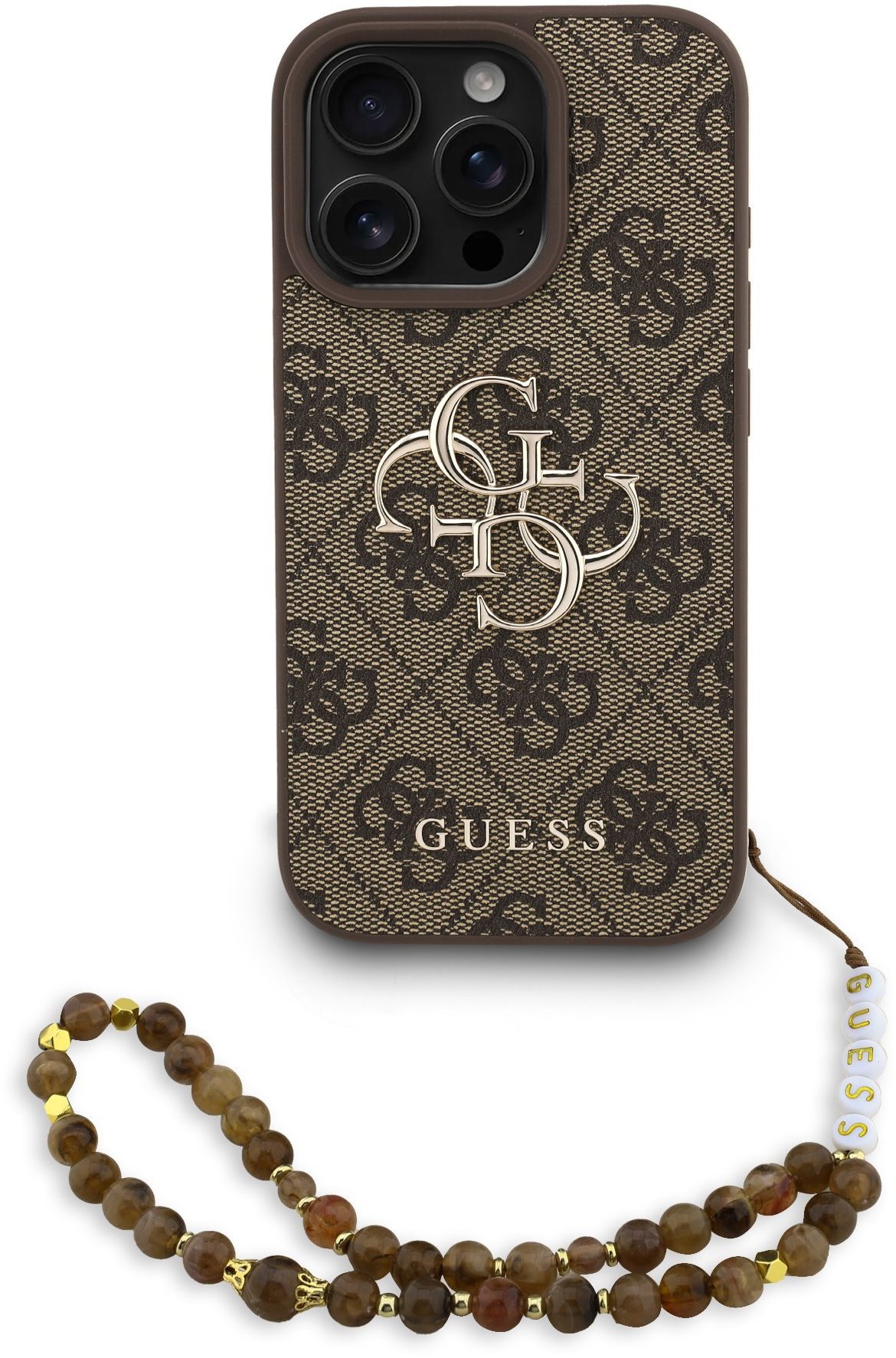 Guess PU 4G Metal Logo Strap Zadní Kryt pro iPhone 16 Pro Brown