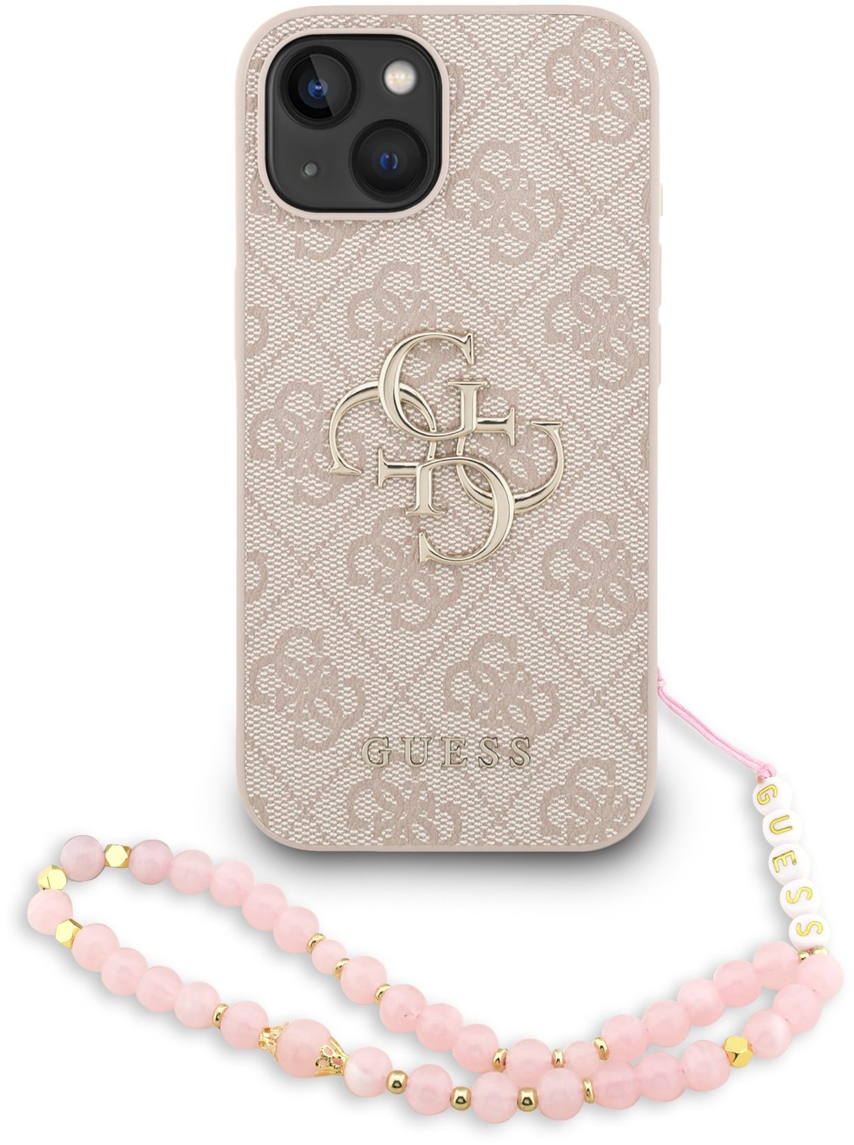 Guess PU 4G Metal Logo Strap Zadní Kryt pro iPhone 15 Pink