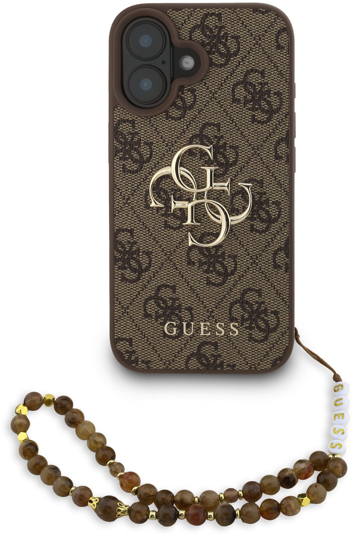 Guess PU 4G Metal Logo Strap Zadní Kryt pro iPhone 16 Brown