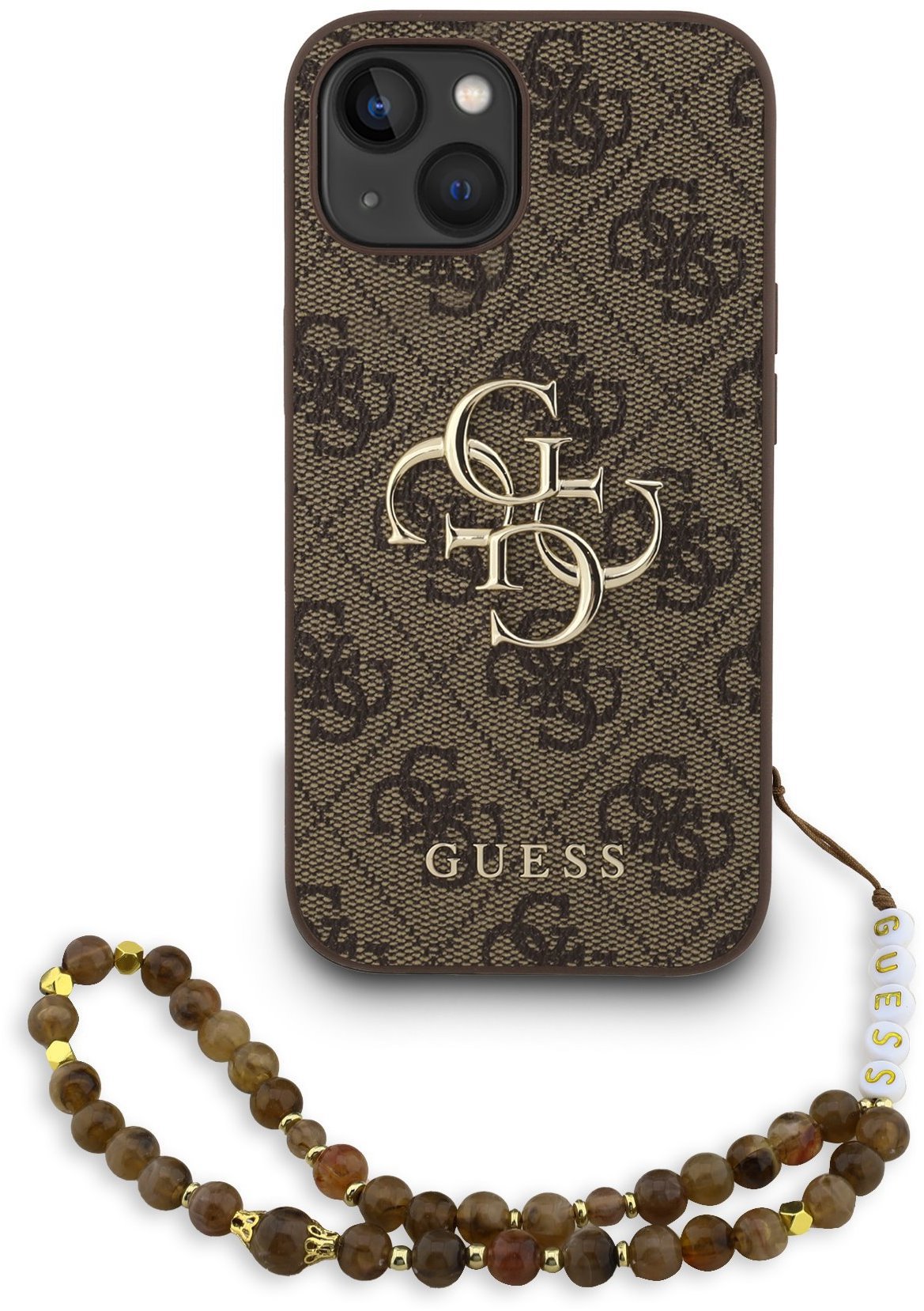 Guess PU 4G Metal Logo Strap Zadní Kryt pro iPhone 15 Brown