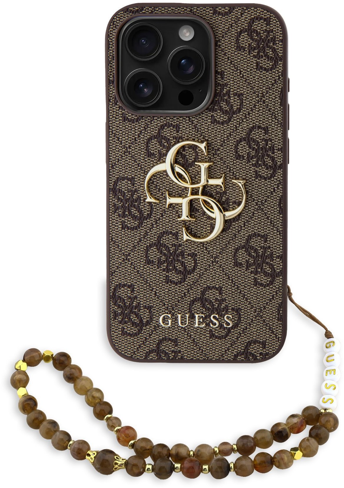 Guess PU 4G Metal Logo Strap Zadní Kryt pro iPhone 15 Pro Brown