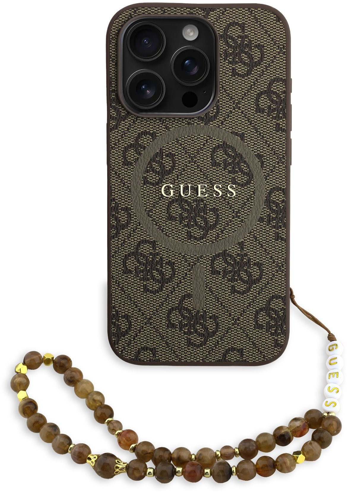 Guess PU Leather 4G Colored Ring Strap MagSafe Zadní Kryt pro iPhone 15 Pro Brown