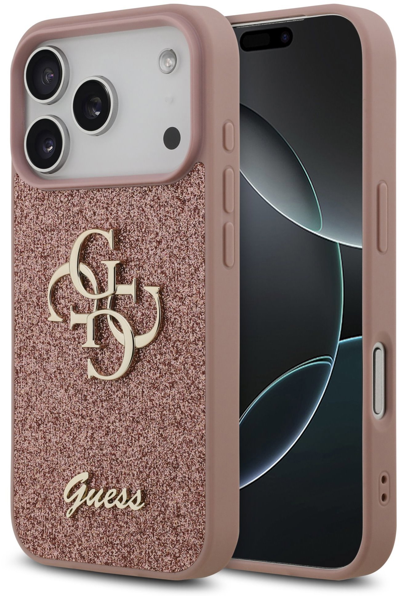Guess PU Fixed Glitter 4G Metal Logo Zadní Kryt pro iPhone 17 Pro Pink