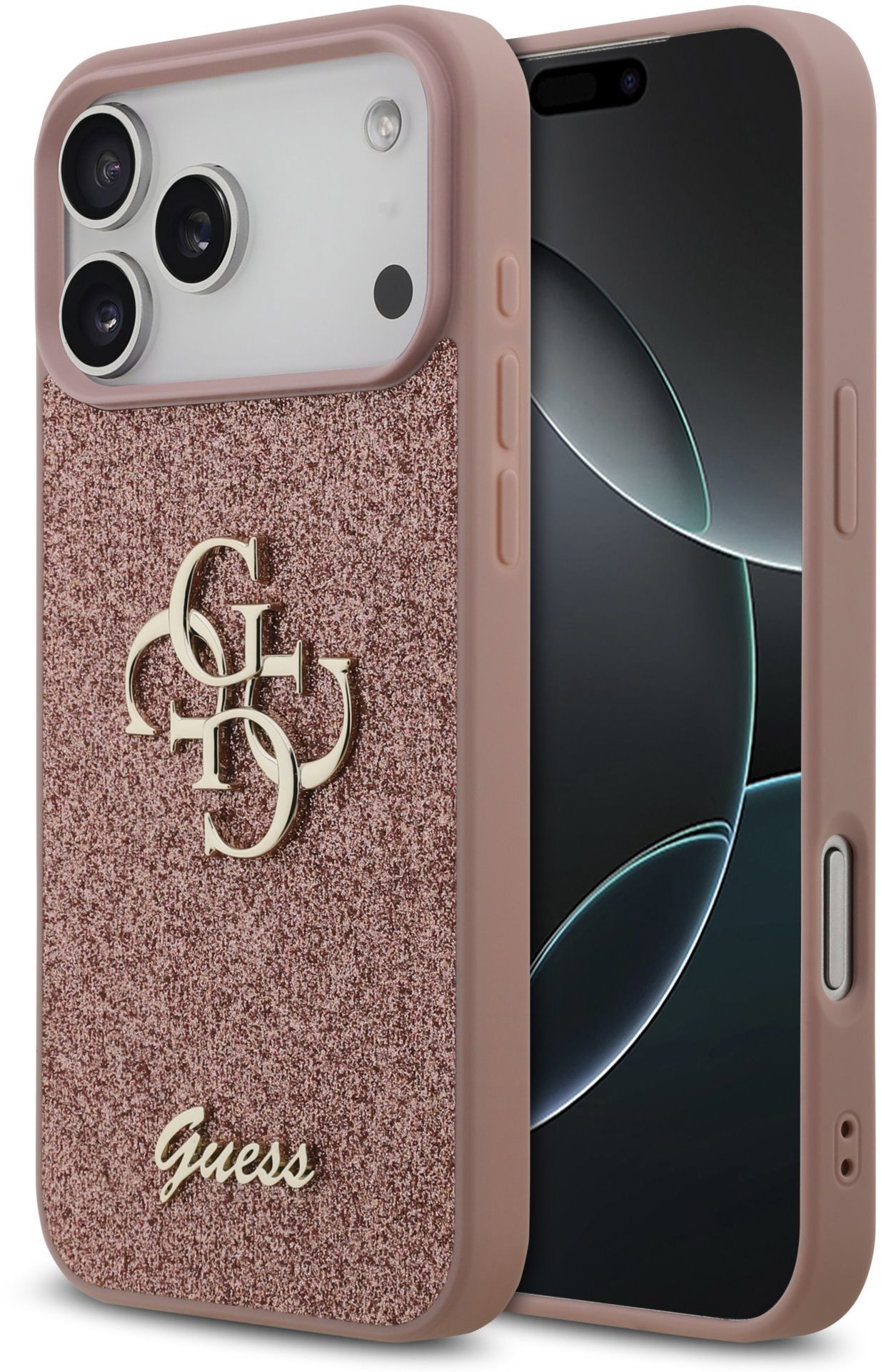 Guess PU Fixed Glitter 4G Metal Logo Zadní Kryt pro iPhone 17 Pro Max Pink