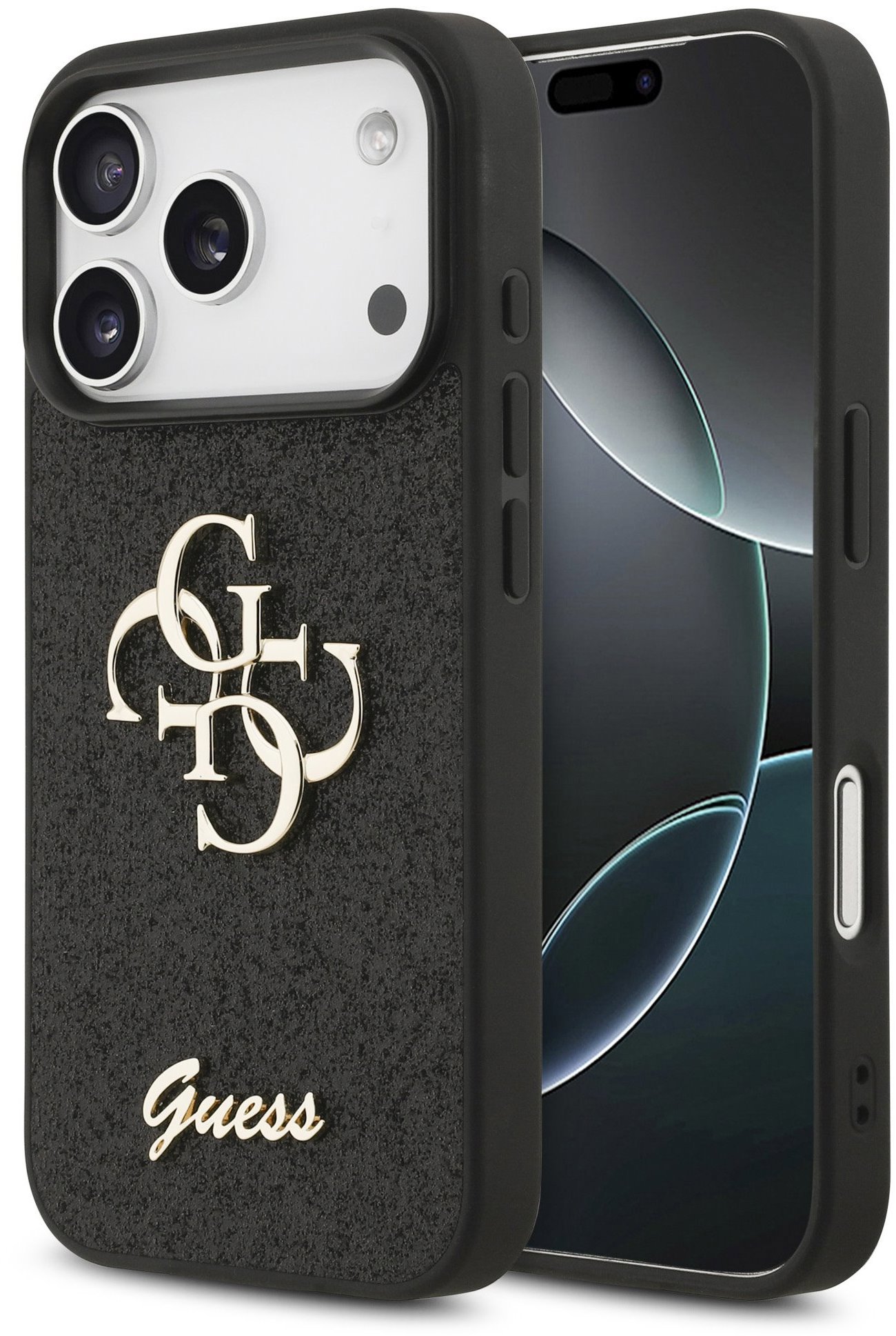 Guess PU Fixed Glitter 4G Metal Logo Zadní Kryt pro iPhone 17 Pro Black