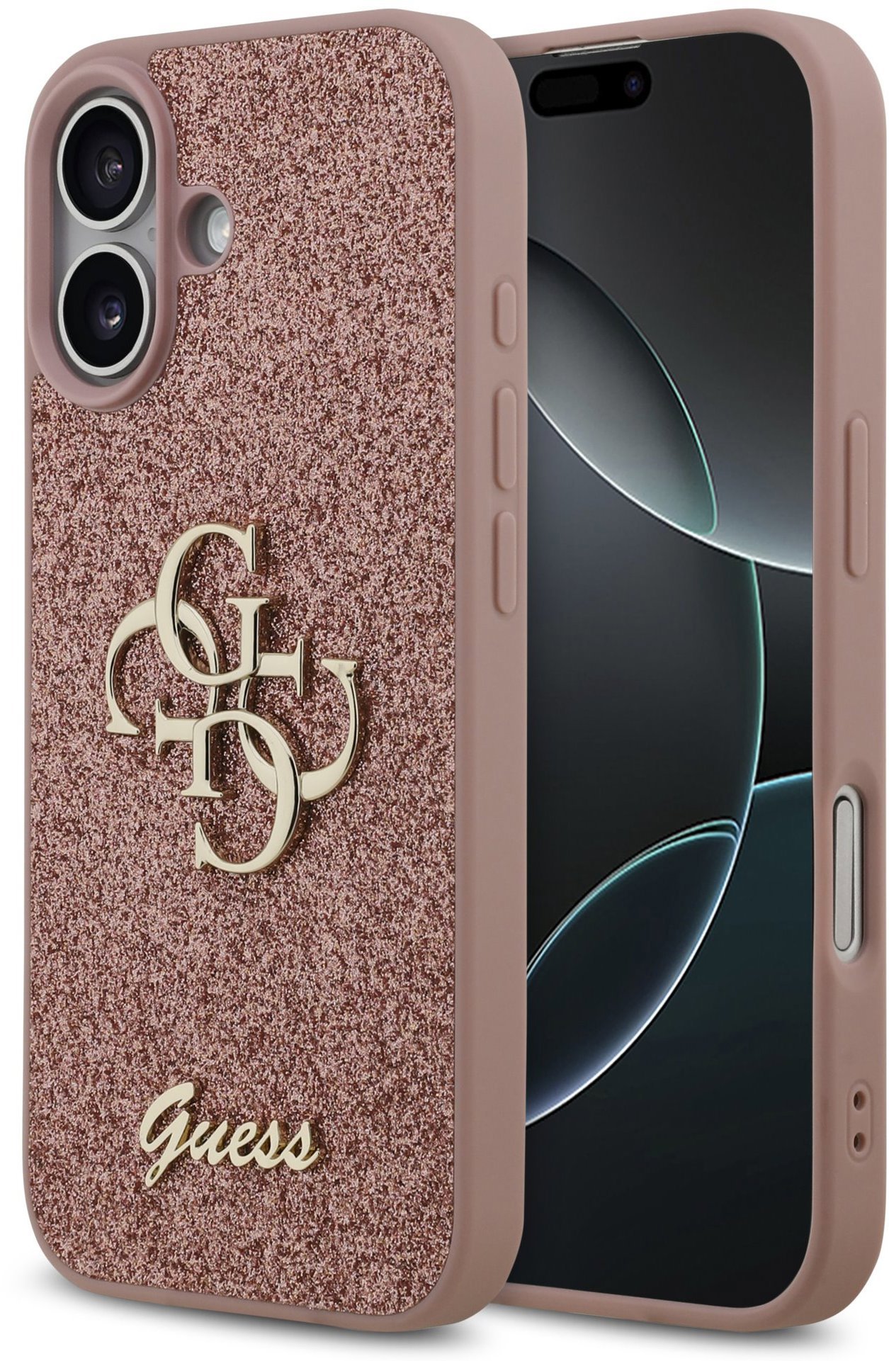 Guess PU Fixed Glitter 4G Metal Logo Zadní Kryt pro iPhone 17 Pink