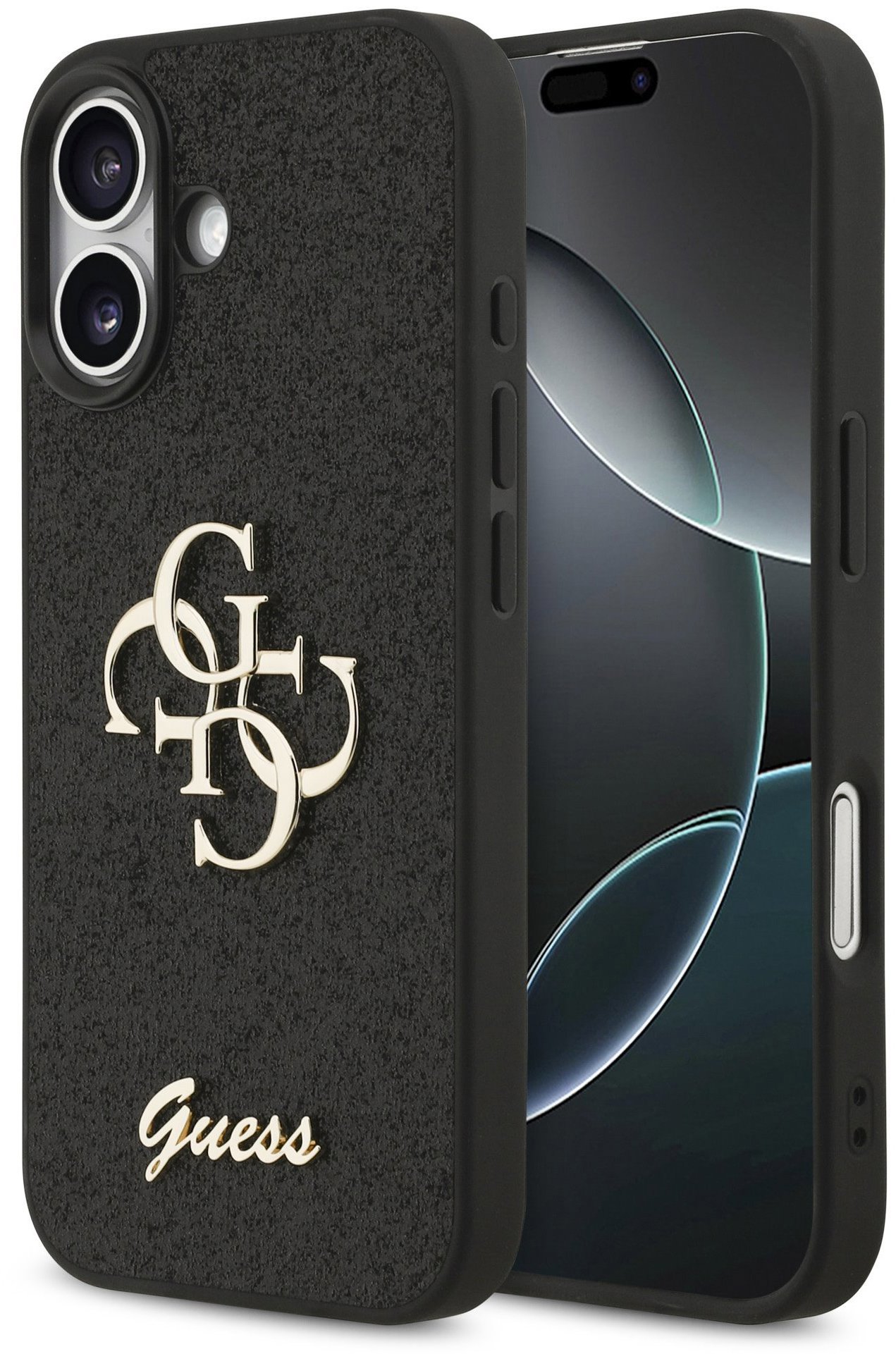 Guess PU Fixed Glitter 4G Metal Logo Zadní Kryt pro iPhone 17 Black
