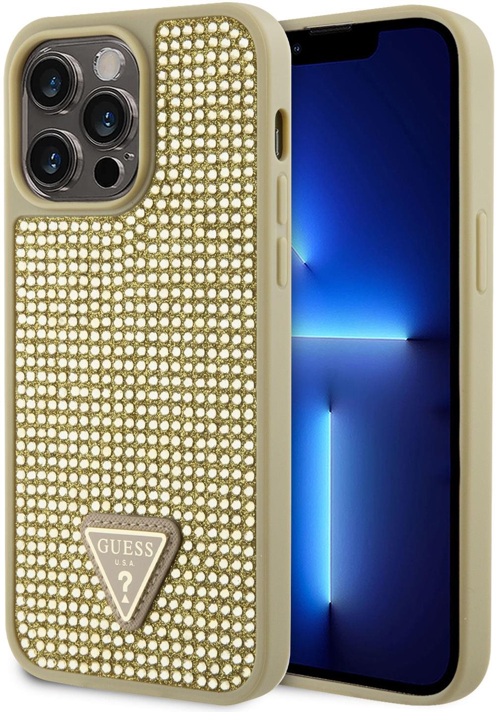 Guess Rhinestones Triangle Metal Logo Kryt pro iPhone 15 Pro Max Gold