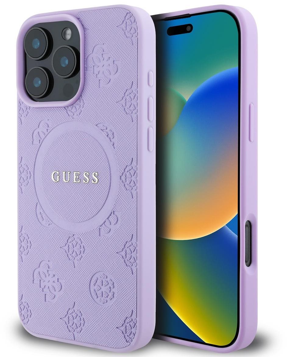 Guess Saffiano Peony Stamp MagSafe Zadní Kryt pro iPhone 16 Pro Purple