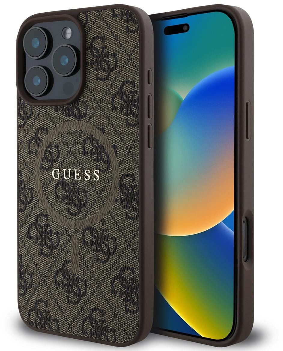 Guess PU Leather 4G Colored Ring MagSafe Zadní Kryt pro iPhone 16 Pro Brown