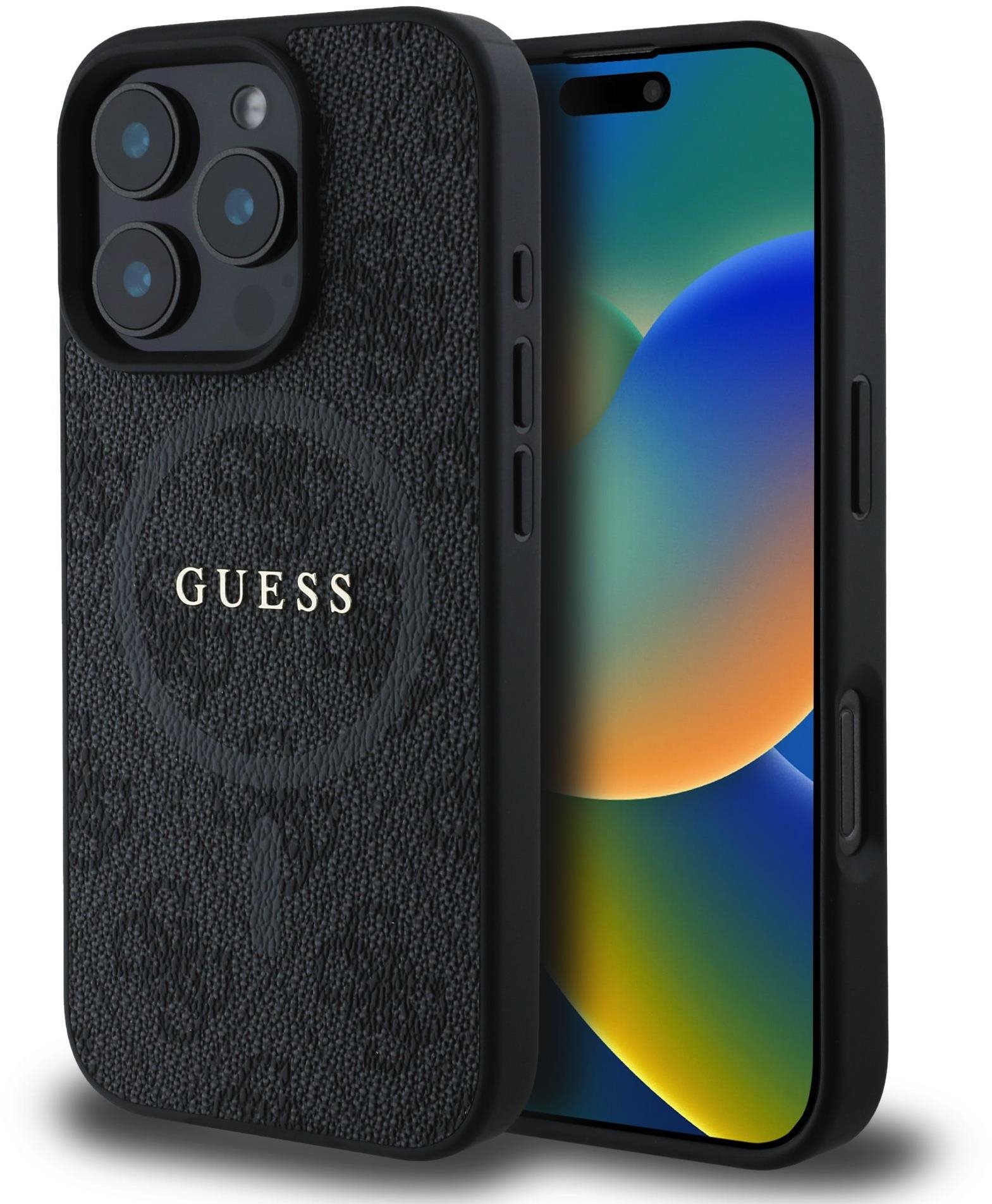 Guess PU Leather 4G Colored Ring MagSafe Zadní Kryt pro iPhone 16 Pro Black