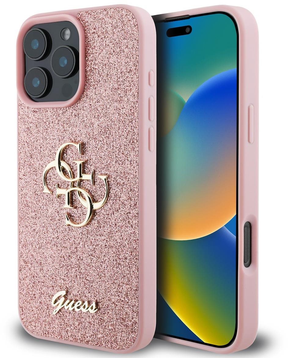 Guess PU Fixed Glitter 4G Metal Logo Zadní Kryt pro iPhone 16 Pro Pink