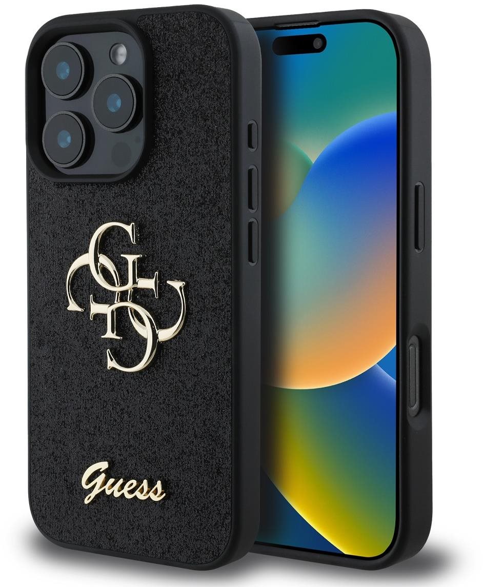 Guess PU Fixed Glitter 4G Metal Logo Zadní Kryt pro iPhone 16 Pro Max Black