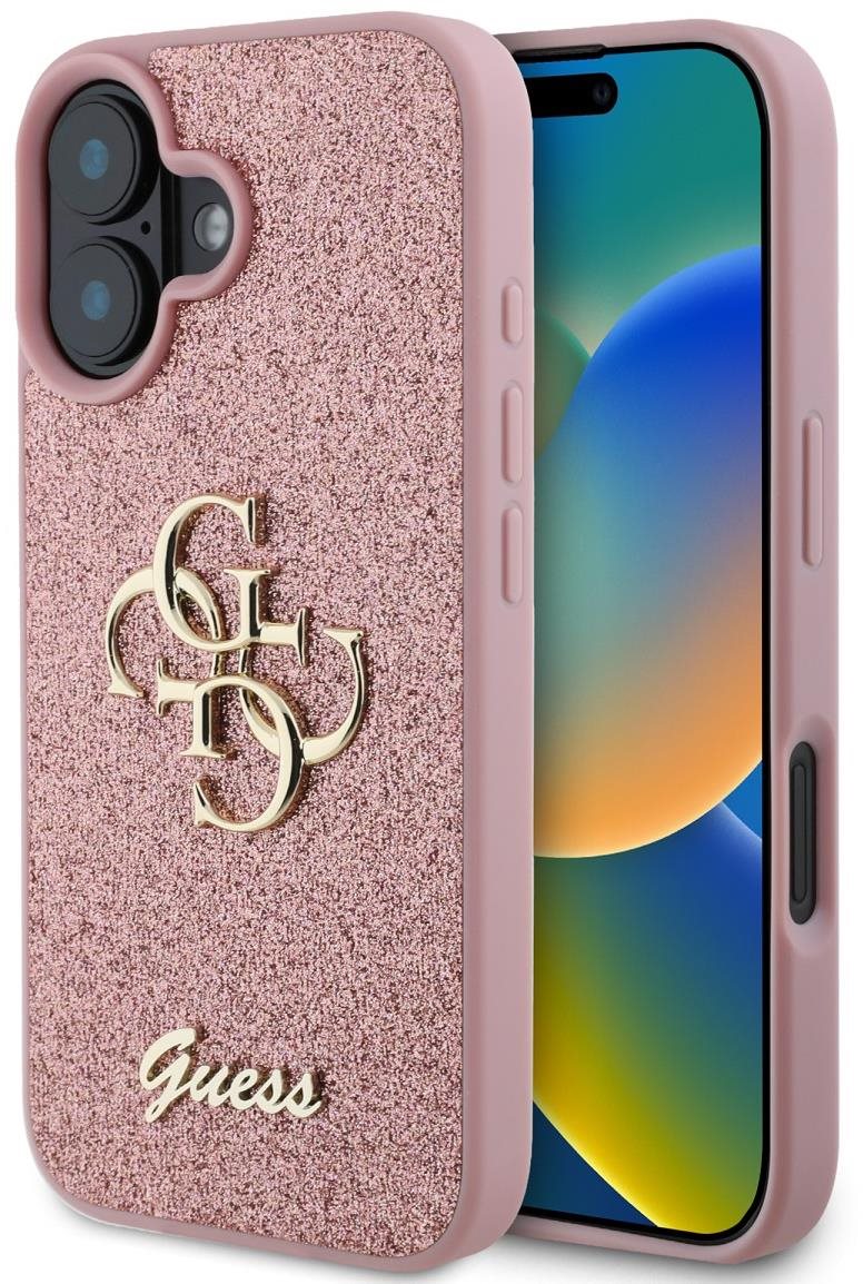 Guess PU Fixed Glitter 4G Metal Logo Zadní Kryt pro iPhone 16 Pink
