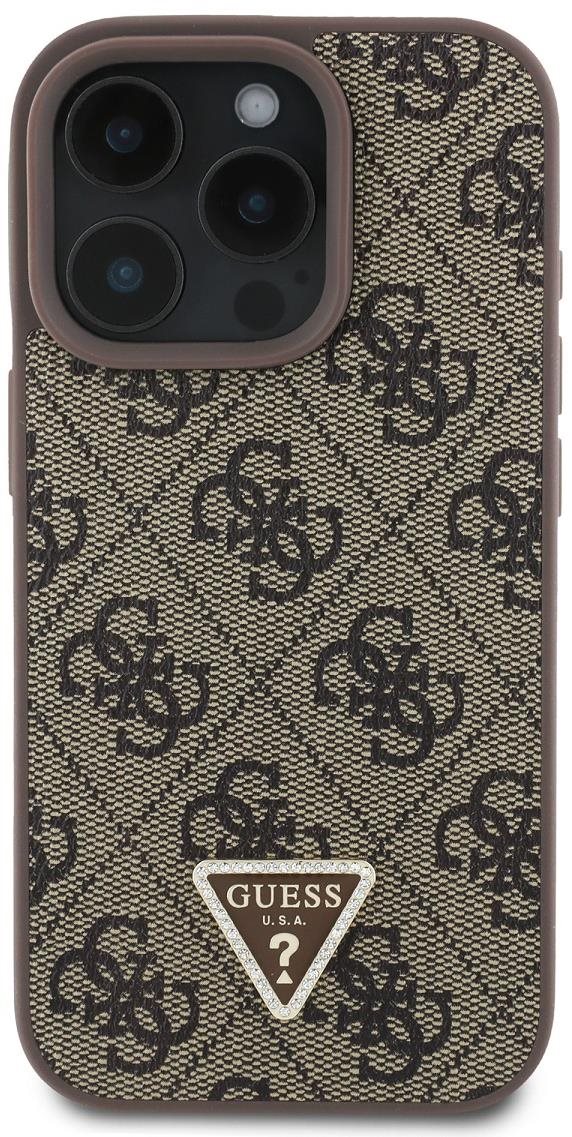 Guess PU 4G Strass Triangle Metal Logo Zadní Kryt pro iPhone 16 Pro Brown