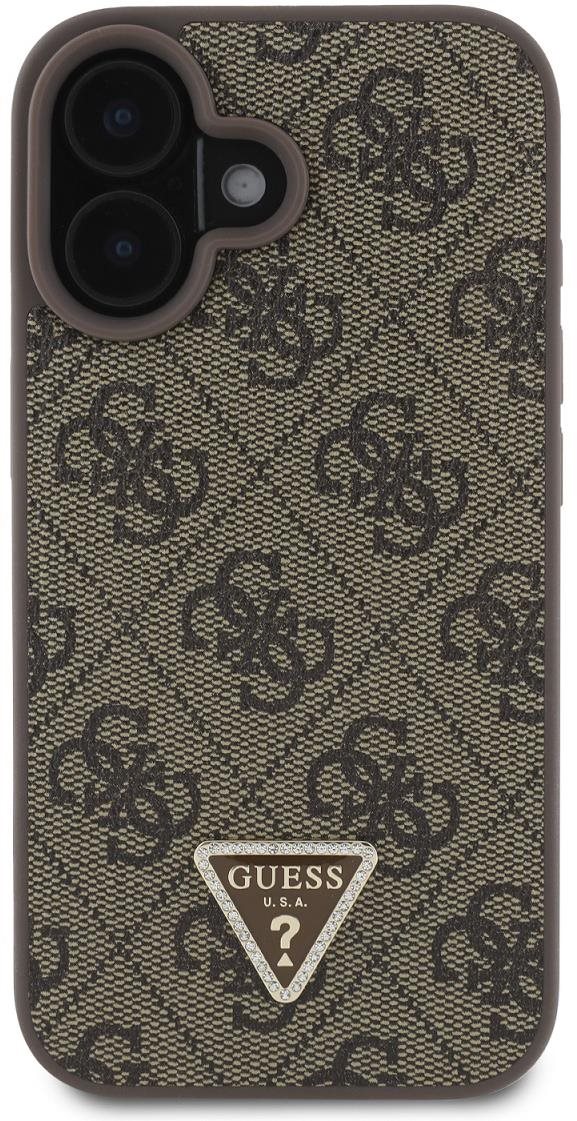Guess PU 4G Strass Triangle Metal Logo Zadní Kryt pro iPhone 16 Brown