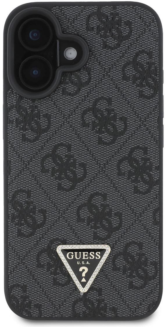 Guess PU 4G Strass Triangle Metal Logo Zadní Kryt pro iPhone 16 Black