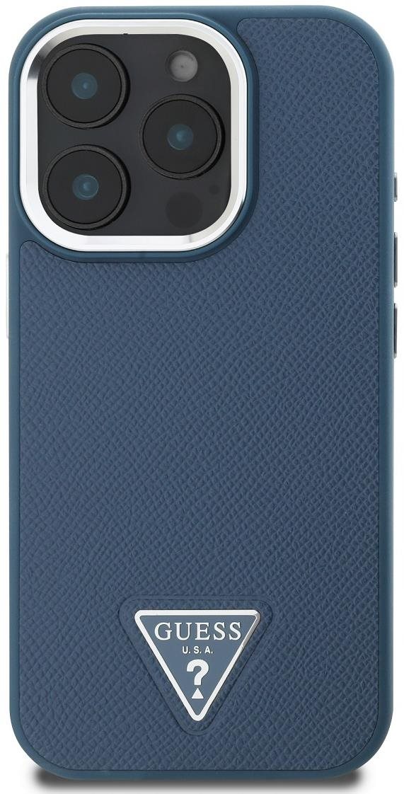 Guess PU Grained Triangle Logo Zadní Kryt pro iPhone 16 Pro Blue